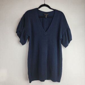 BCBG Maxazria Womens Size Small Blue V-Neck Short Sleeve Lambswool Tunic Sweater